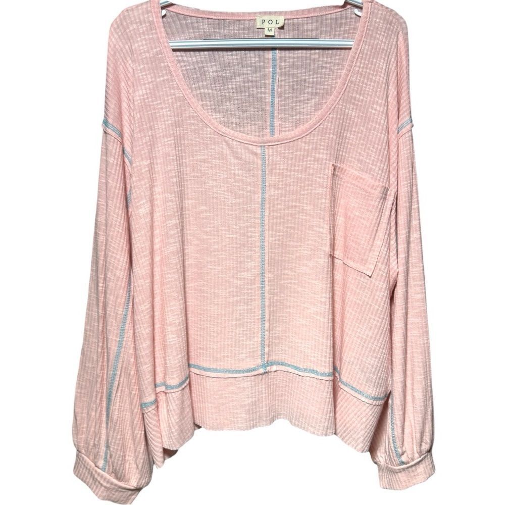 POL Blush Pink Ribbed Oversized Top Exposed Seam Pocket Boho Long Sleeve Med NEW - Picture 10 of 15
